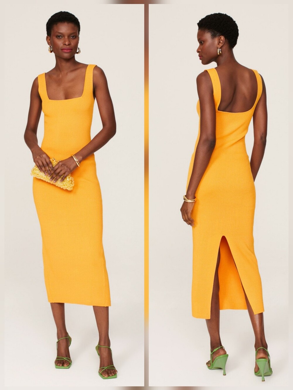 Ronny Kobo Orange Midi Dress Sleeveless Square Neck Pull On Size M
